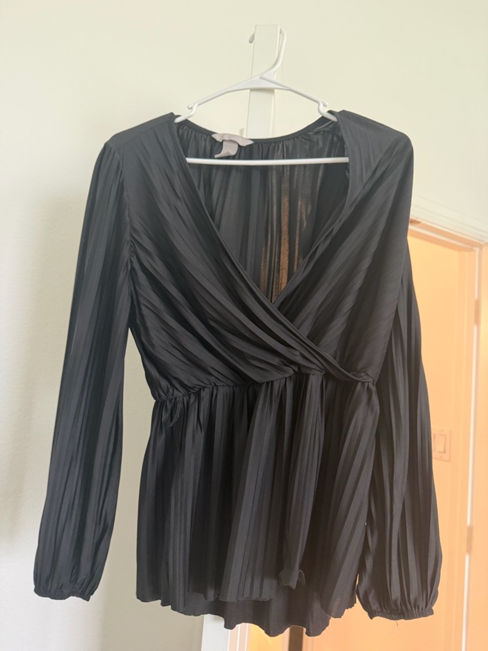 H&M Black Pleated Wrap-Front Long Sleeve Top